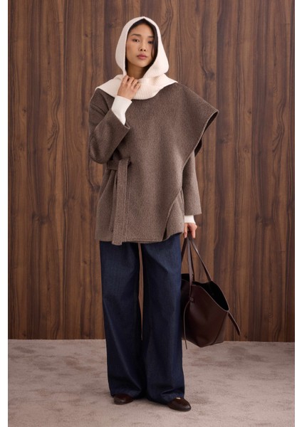 Kuşaklı Şal Yaka Kaban Kahve