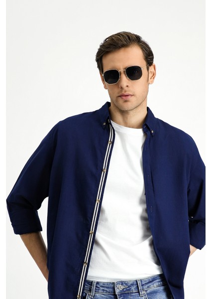 Uzun Kol Regular Fit Düğmeli Yaka Keten Görünümlü Spor Pamuk Gömlek