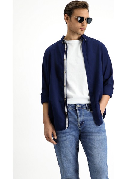 Uzun Kol Regular Fit Düğmeli Yaka Keten Görünümlü Spor Pamuk Gömlek fiyatları