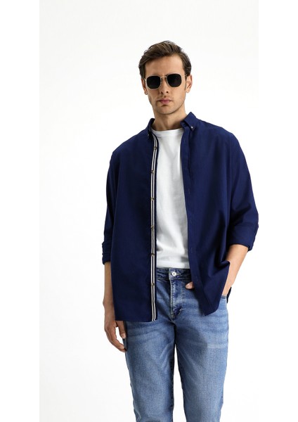 Uzun Kol Regular Fit Düğmeli Yaka Keten Görünümlü Spor Pamuk Gömlek fırsatları