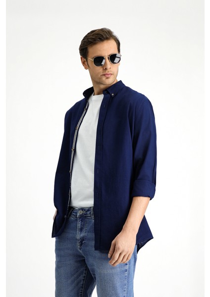 Uzun Kol Regular Fit Düğmeli Yaka Keten Görünümlü Spor Pamuk Gömlek indirimleri