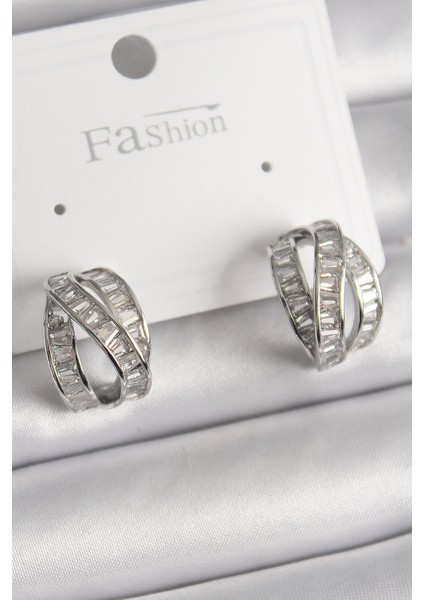 Pirinç Gümüş Renk Zirkon Taşlı Düğüm Halka Model Kadın Küpe - TJ-BKP9944 fiyatları