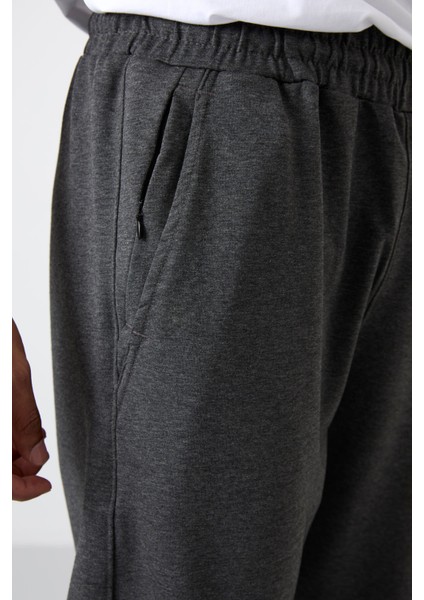 Antrasit Melanj Pamuk Yumuşak Dokulu Standart Fit Nakışlı Erkek Eşofman Alt - 82133