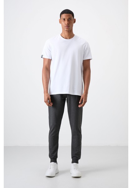 Antrasit Melanj Pamuk Yumuşak Dokulu Standart Fit Nakışlı Erkek Eşofman Alt - 82133