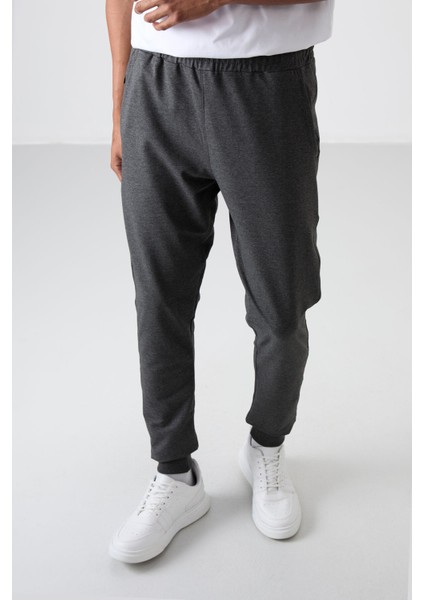 Antrasit Melanj Pamuk Yumuşak Dokulu Standart Fit Nakışlı Erkek Eşofman Alt - 82133