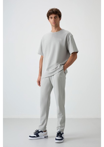 Taş Pamuklu Kalın Yumuşak Dokulu Oversize Fit Nakışlı Erkek Eşofman Takım - 85252