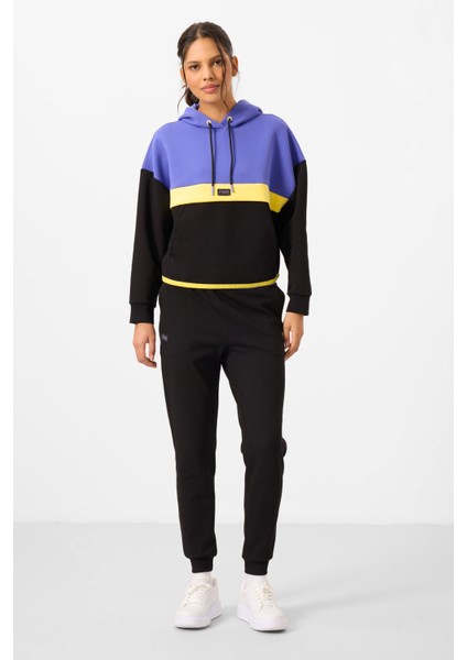 Siyah Kapüşonlu Pamuklu Renk Bloklu Kadın Eşofman Takım - 95327