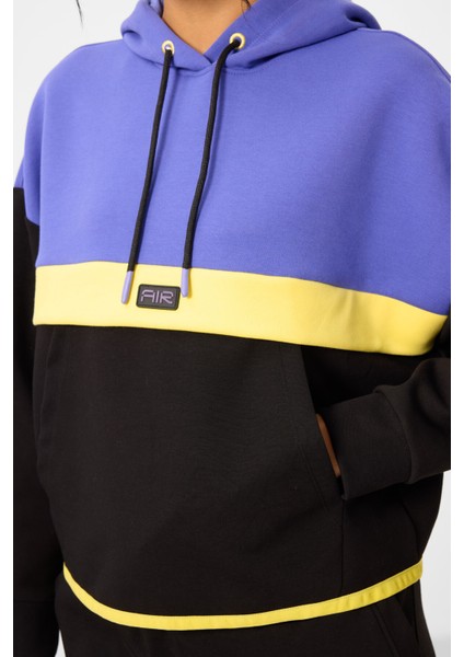 Siyah Kapüşonlu Pamuklu Renk Bloklu Kadın Eşofman Takım - 95327