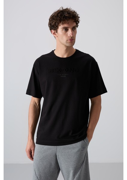 Siyah Pamuklu Kalın Yumuşak Dokulu Oversize Fit Baskılı Erkek T-Shirt - 88328