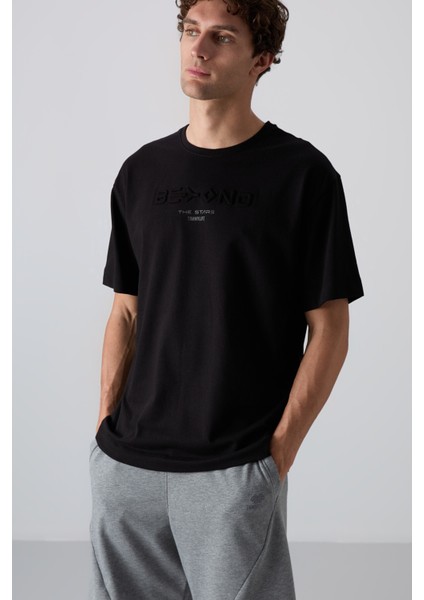 Siyah Pamuklu Kalın Yumuşak Dokulu Oversize Fit Baskılı Erkek T-Shirt - 88328