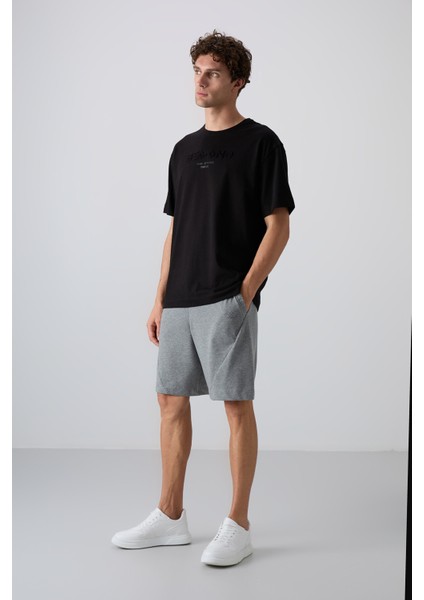 Siyah Pamuklu Kalın Yumuşak Dokulu Oversize Fit Baskılı Erkek T-Shirt - 88328