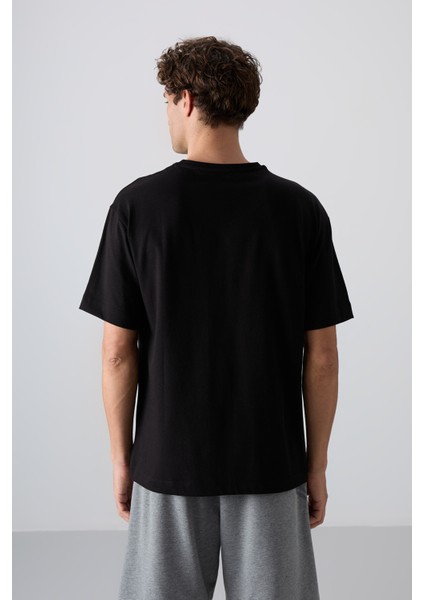 Siyah Pamuklu Kalın Yumuşak Dokulu Oversize Fit Baskılı Erkek T-Shirt - 88328