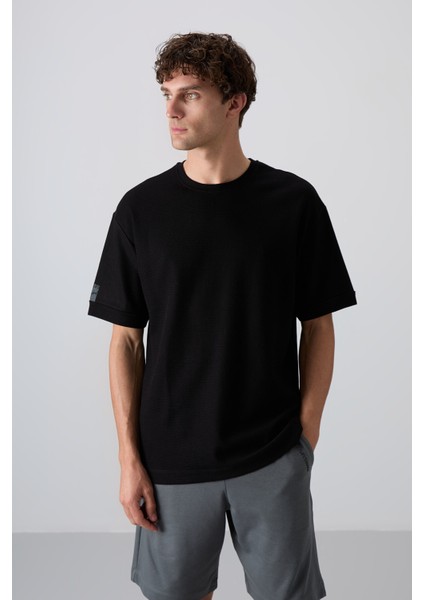 Siyah Pamuklu Kalın Yüzeyi Dokulu Oversize Fit Basic Erkek T-Shirt - 88339