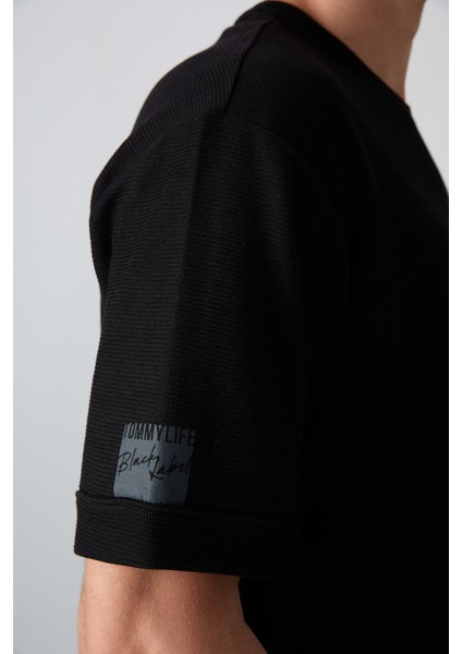 Siyah Pamuklu Kalın Yüzeyi Dokulu Oversize Fit Basic Erkek T-Shirt - 88339
