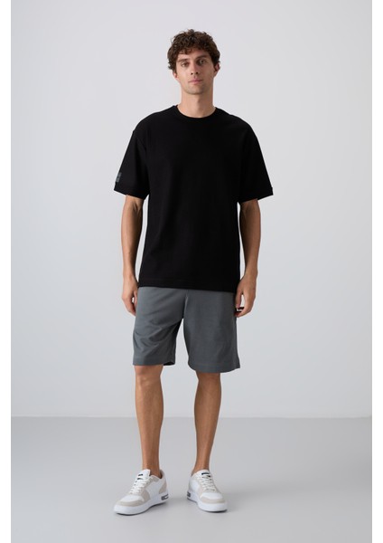 Siyah Pamuklu Kalın Yüzeyi Dokulu Oversize Fit Basic Erkek T-Shirt - 88339
