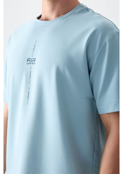 Açık Mavi Pamuklu Kalın Yumuşak Dokulu Oversize Fit Baskılı Erkek T-Shirt - 88373