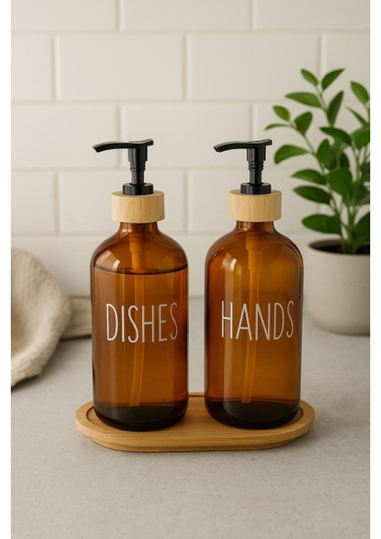 Renkli Cam Ikili Sıvı Sabunluk Seti 500 ml Bambu Altlıklı