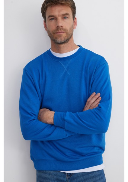 Unisex Relax Fit Rahat Kesim %100 Pamuk Basic Saks Mavi Bisiklet Yaka Sweatshirt