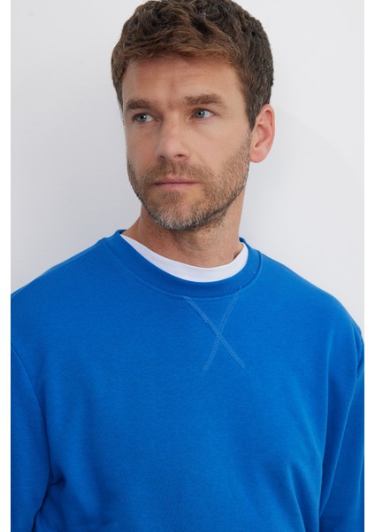 Unisex Relax Fit Rahat Kesim %100 Pamuk Basic Saks Mavi Bisiklet Yaka Sweatshirt fiyatları