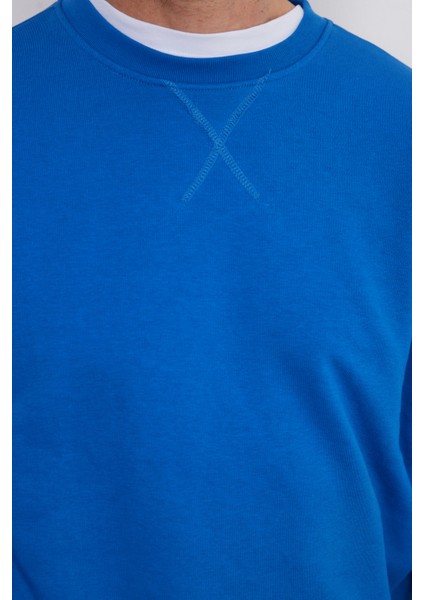 Unisex Relax Fit Rahat Kesim %100 Pamuk Basic Saks Mavi Bisiklet Yaka Sweatshirt modelleri