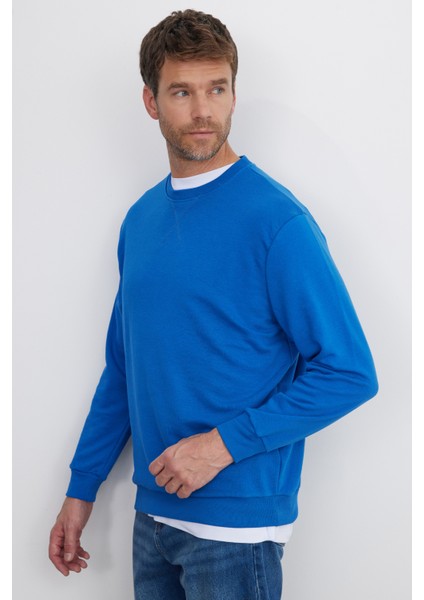 Unisex Relax Fit Rahat Kesim %100 Pamuk Basic Saks Mavi Bisiklet Yaka Sweatshirt fırsatları