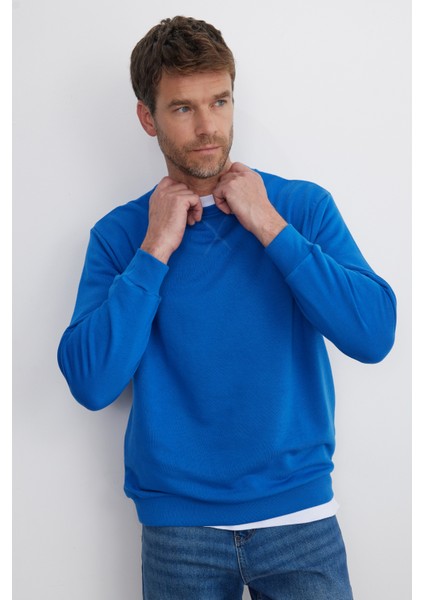 Unisex Relax Fit Rahat Kesim %100 Pamuk Basic Saks Mavi Bisiklet Yaka Sweatshirt indirimleri