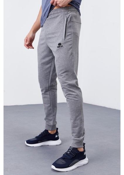 Gri Melanj Fermuar Cepli Dar Kalıp Jogger Erkek Eşofman Alt - 84343