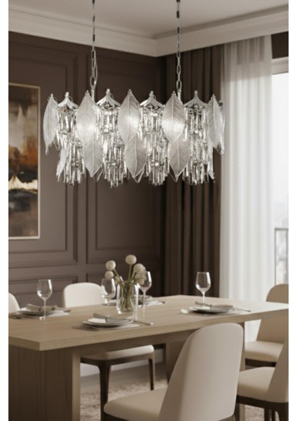Yaprak Krom 90 cm Kristal Yaprak Detaylı Modern Avize – Yemek Masası Salon