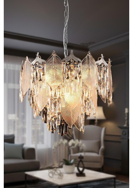 Yaprak Krom 60 cm Kristal Yaprak Detaylı Modern Avize – Salon Oturma Odası