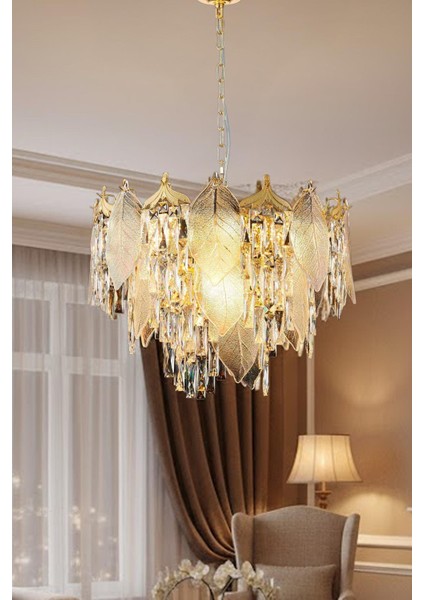 Yaprak Gold 60 cm Kristal Yaprak Detaylı Modern Avize – Salon Oturma Odası