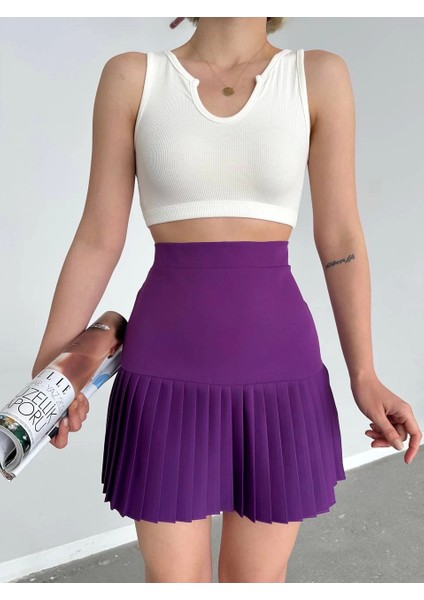 Altı Pliseli Mini Etek Mor S24705