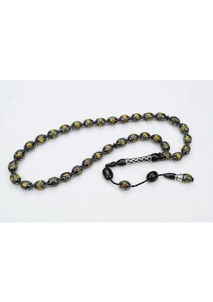 Oltu Taşı ve Sarı Galalith Çeşmi Damla İşleme Tespih