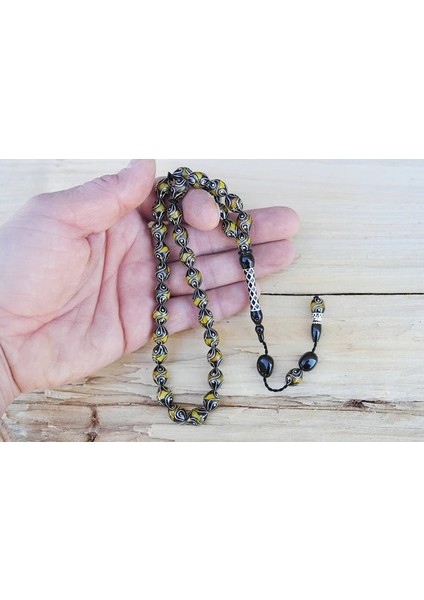 Oltu Taşı ve Sarı Galalith Çeşmi Damla İşleme Tespih