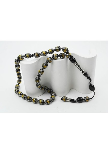 Oltu Taşı ve Sarı Galalith Çeşmi Damla İşleme Tespih