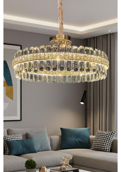 Dicle Gold 40 cm Kristal Taşlı Modern Avize – Salon ve Oturma Odası