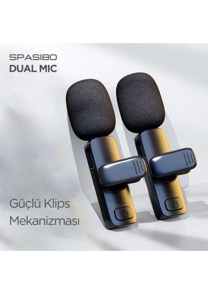 Dual Mic 2'li Kablosuz Yaka Mikrofonu Seti | 360° Ses Alımı & Gürültü Engelleyici | 20M Çekim fiyatları