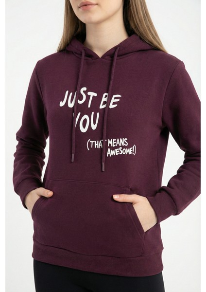 Kadın Kapüşonlu Regular Fit Şardonlu Baskılı Sweatshirt Bordo fiyatları