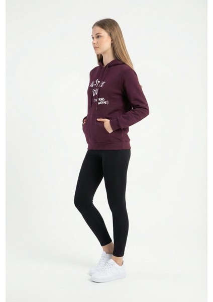 Kadın Kapüşonlu Regular Fit Şardonlu Baskılı Sweatshirt Bordo modelleri