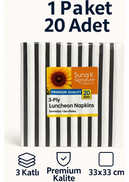 Suna K Signature Collection – Premium Siyah Beyaz Çizgi Desenli Peçete