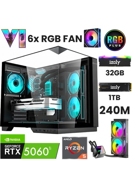 Gta6-B R5 7500F 32GB Ddr5 1tb M.2 Nvme Rtx 5060TI 16GB 240MM Sıvı Soğutma Oyuncu Masaüstü Bilgisayarı