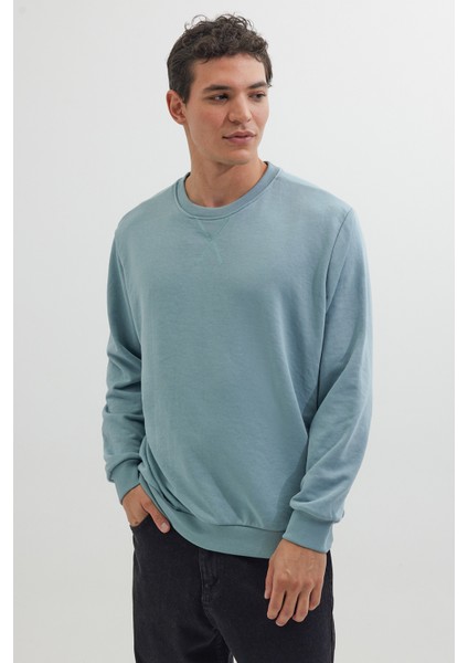 Unisex Relax Fit Rahat Kesim %100 Pamuk Basic Mavi Bisiklet Yaka Sweatshirt