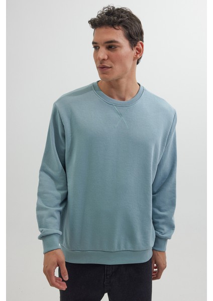 Unisex Relax Fit Rahat Kesim %100 Pamuk Basic Mavi Bisiklet Yaka Sweatshirt fırsatları