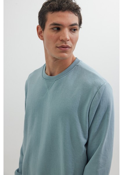 Unisex Relax Fit Rahat Kesim %100 Pamuk Basic Mavi Bisiklet Yaka Sweatshirt indirimleri