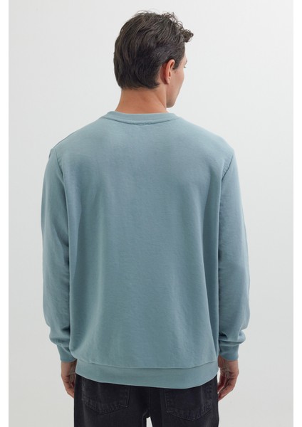 Unisex Relax Fit Rahat Kesim %100 Pamuk Basic Mavi Bisiklet Yaka Sweatshirt