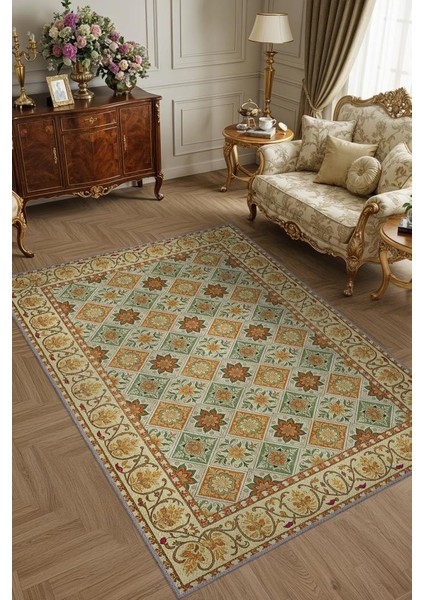 Yıkanabilir Dokuma Pamuk Tabanlı Kaymaz Tabanlı Salon Halısı, Yeşil ve Koyu Sarı Renkli Mozaik Desenli Halı