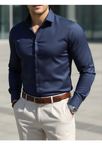 Dar Kesim Slimfit Saten Mevsimlik Cepsiz Uzun Kollu Kol Düğmesi Takılabilen Erkek Gömlek