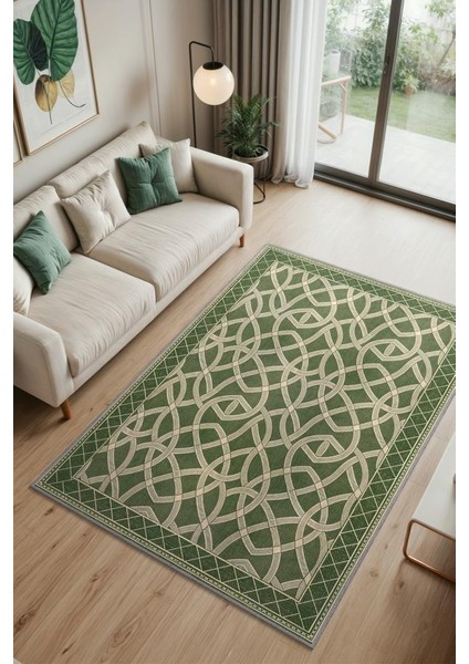 Düğüm Desenli Yıkanabilir Salon Halısı, Krem Yeşil Halı, Minimal Ev Dekoru, Dokuma Pamuk Tabanlı Halı