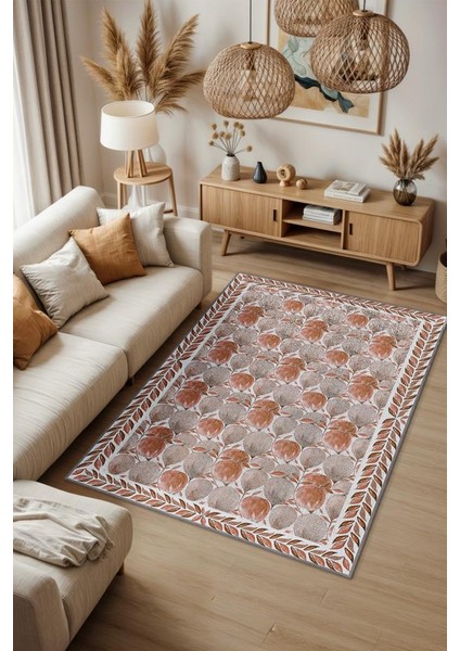 Terrakota Bitki Desenli Halı, Suluboya Efektli Turuncu Halı, Soyut Meyve Desenli Yıkanabilir Halı