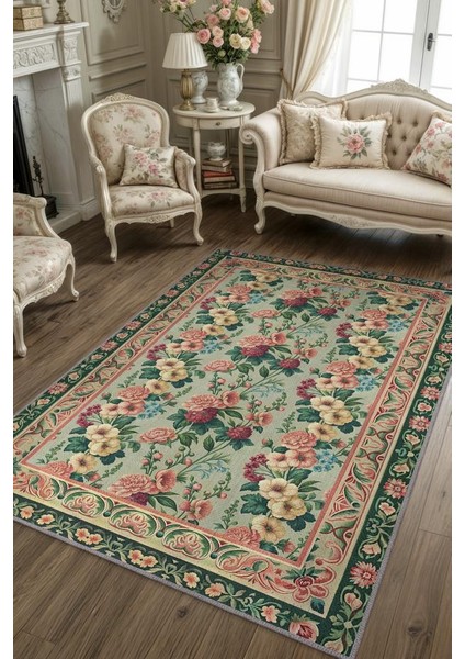 Ingiliz Saray Odası Tarzı Çiçek Desenli Salon Halısı, Klasik Tarz Yeşil Halı, Maksimalist Ev Dekoru