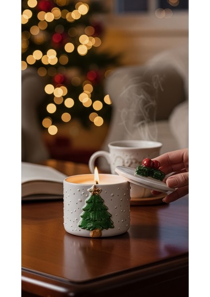 24K Altın Süslemeli Çam Ağacı ve Kar Temalı Seramik Mumluk Yılbaşı Yeni Yıl Hediyesi